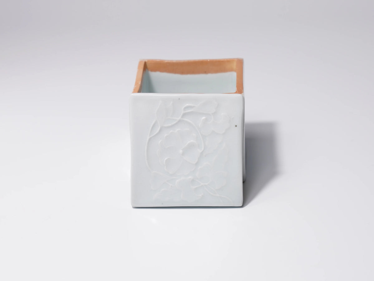 White Porcelain Square Box with Peony Scroll Design in Relief